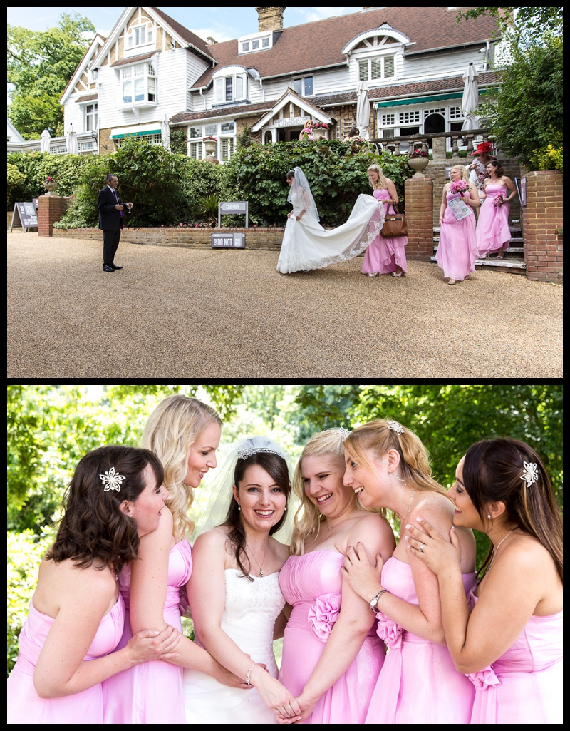 Bride and bridesmaids walking out of the hotel to meet the father of the bride.jpg