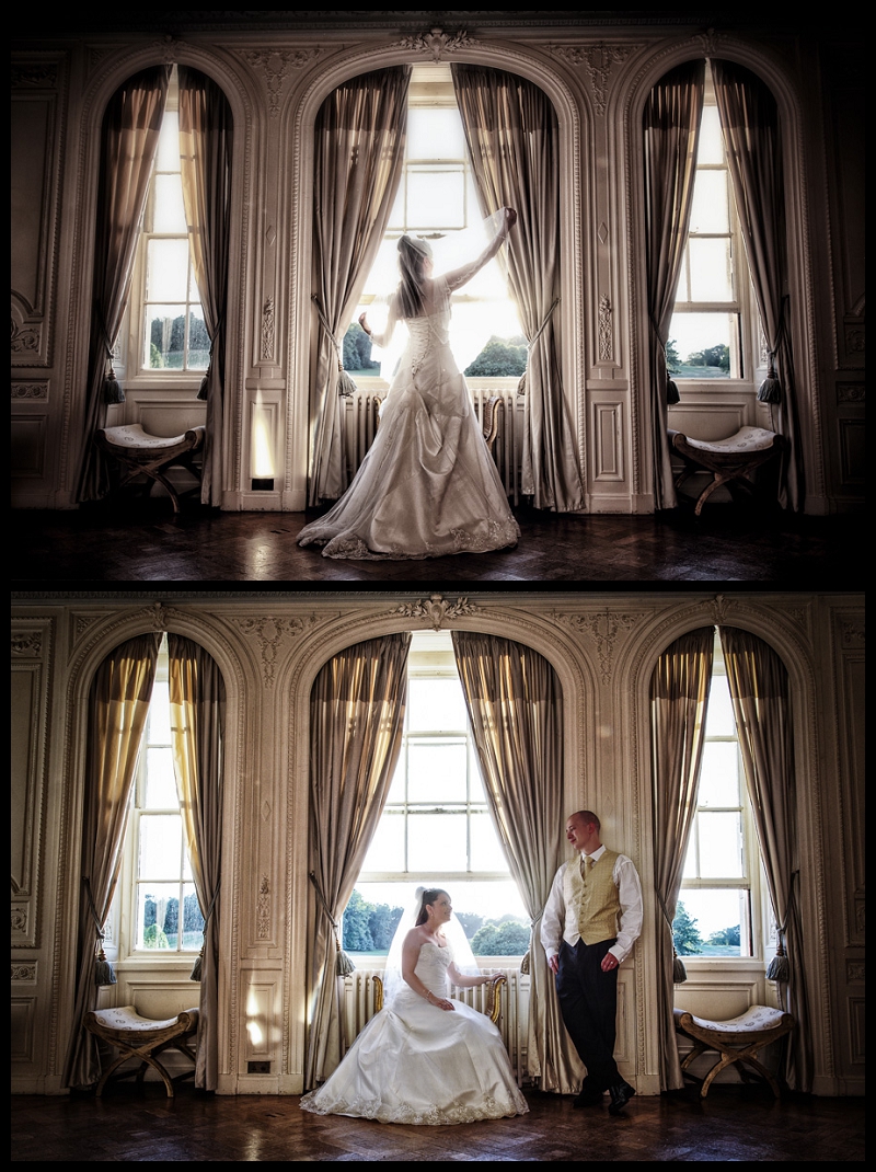 Stunning, dramatic portrait of bride in front of window at Addington Palace by wedding photographer Peter Denness.jpg