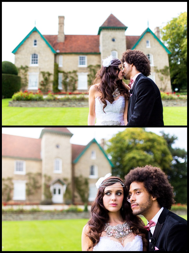 mixed race bride and groom outside smeetham hall 